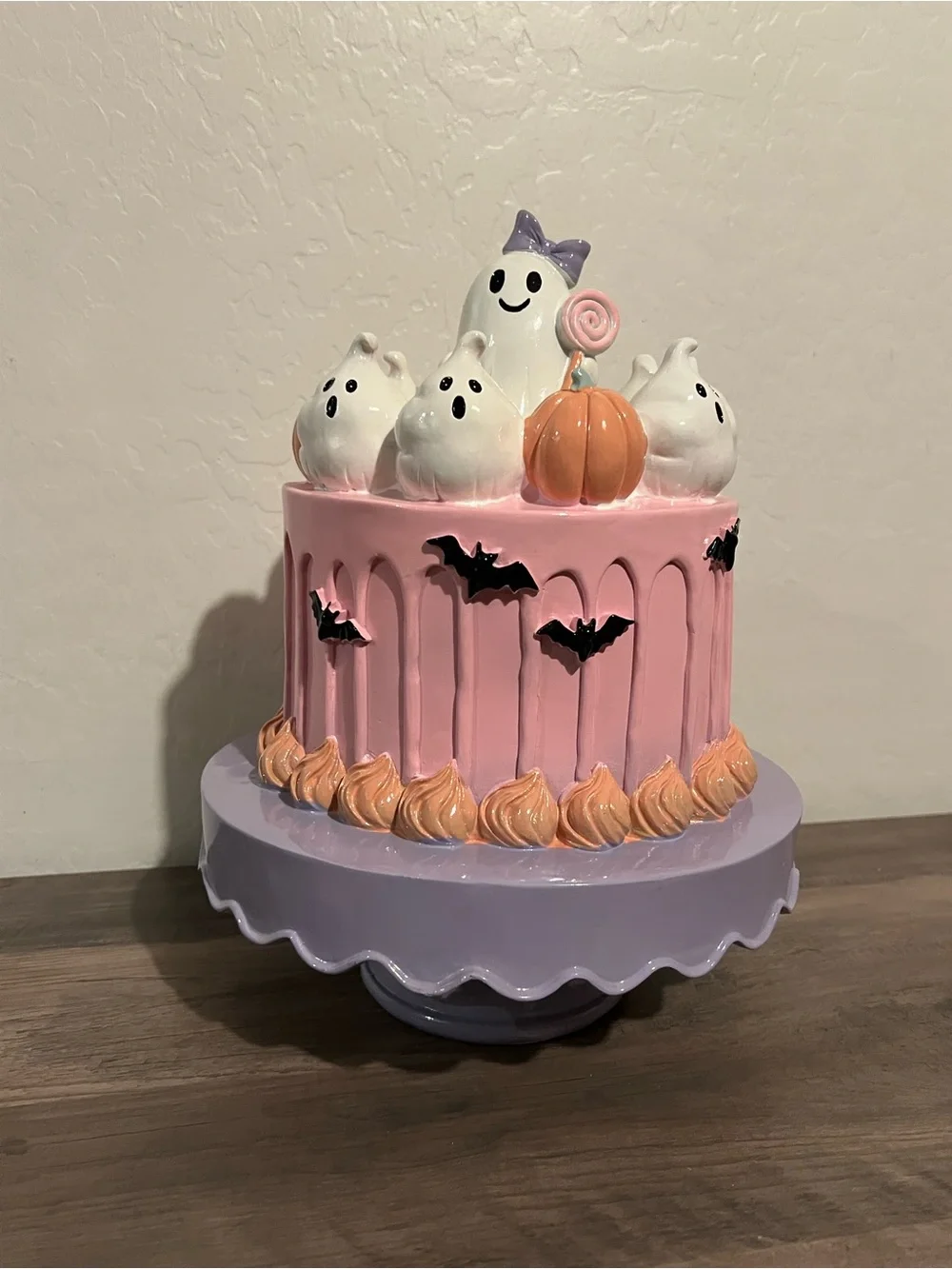 Halloween Ghost Bat & Pumpkin Cake Resin Table Decor Orange Pink & Purple